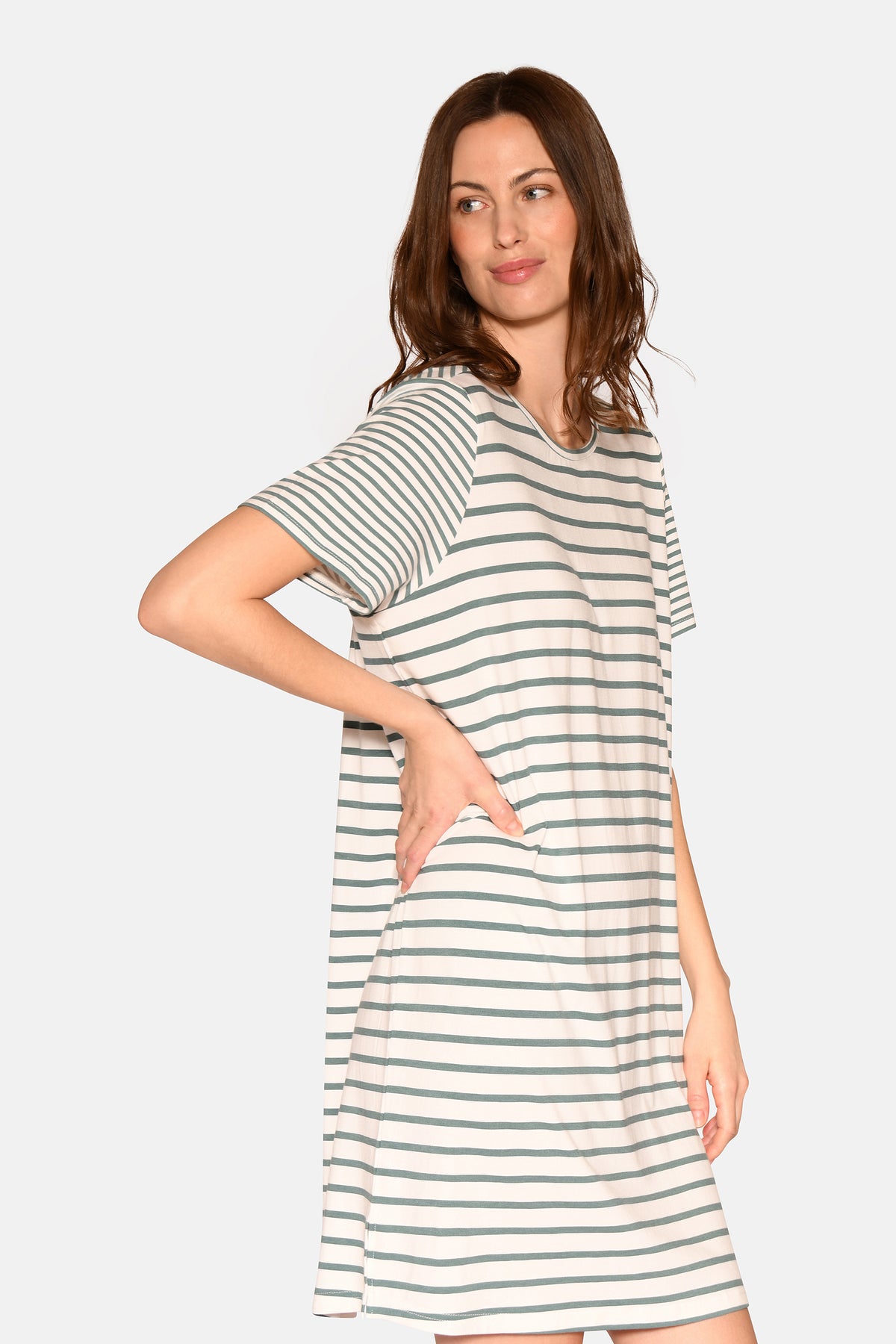 Bea S/S Dress, Sagebrush Green Stripe.