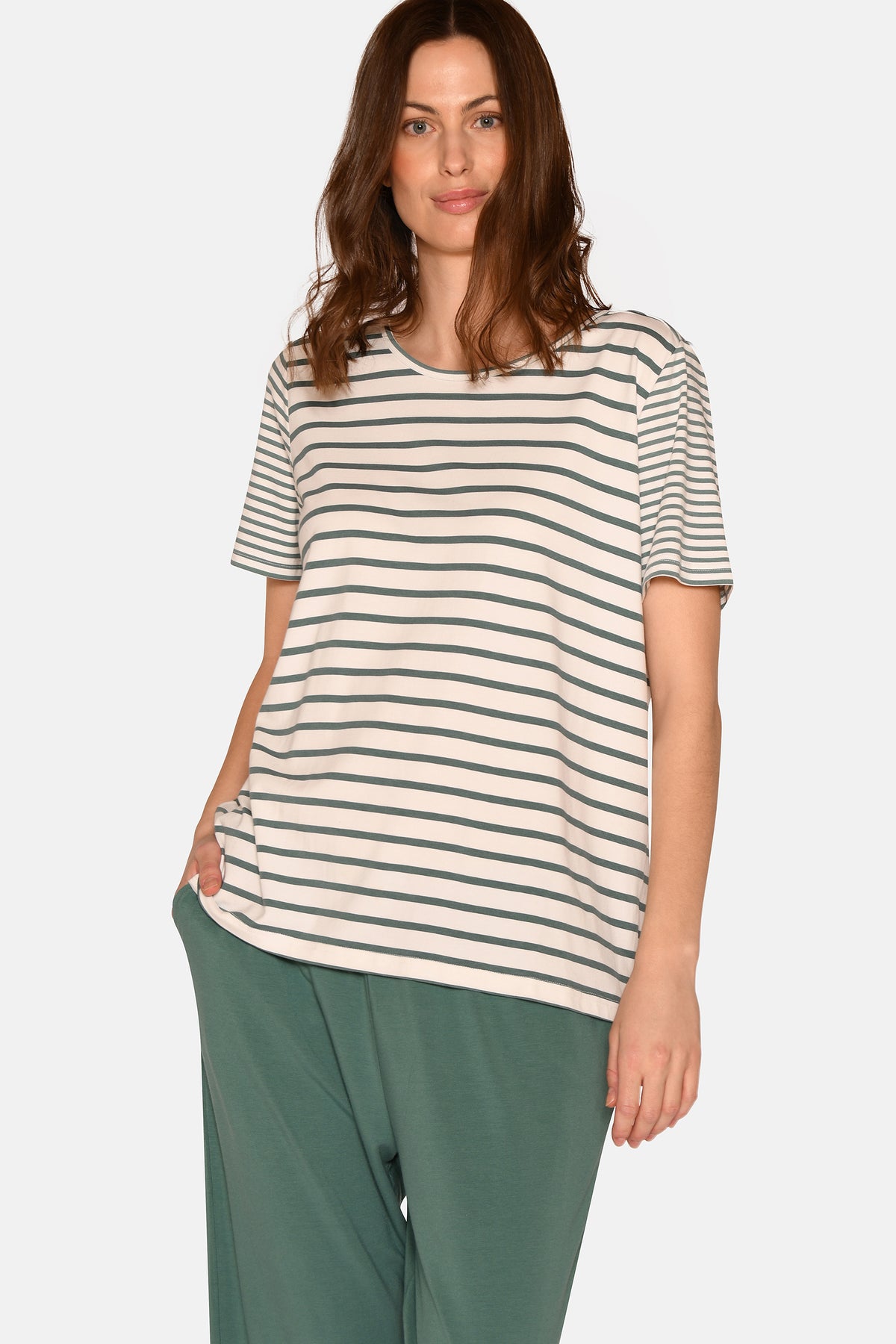 Bea S/S T-shirt, Sagebrush Green Stripe.